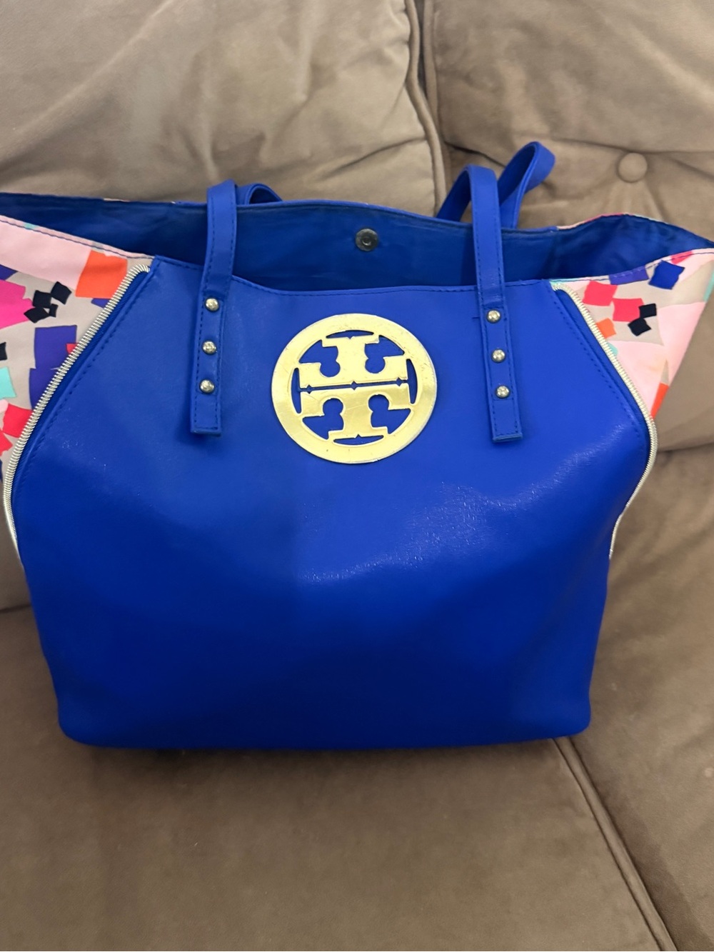 Large Royal Blue Tote with Gold Logo and Multicolor Panels